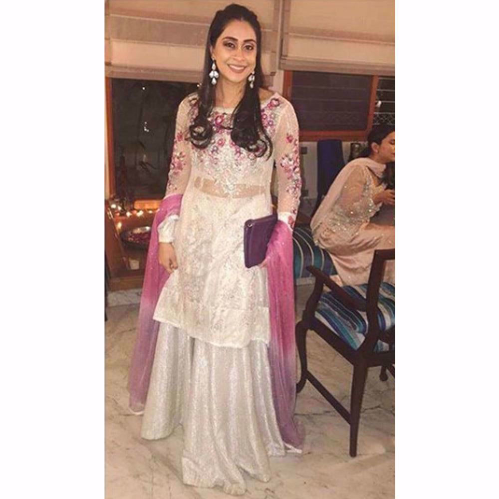 Picture of Maha looking beautiful in a silver and orchid Farah Talib Aziz ensemble