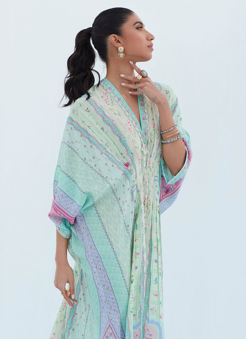 Azurea Teal Silk Kaftan - FARAH TALIB AZIZ main image 1