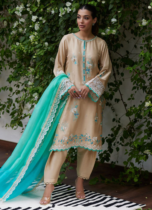 Venia French Beige Embroidered Raw Silk With Dupatta