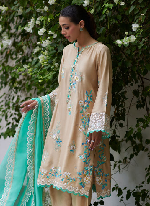 Venia French Beige Embroidered Raw Silk With Dupatta