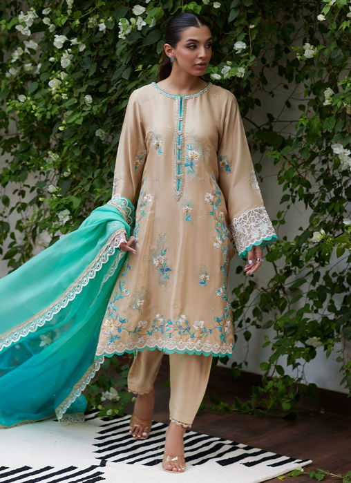 Venia French Beige Embroidered Raw Silk With Dupatta