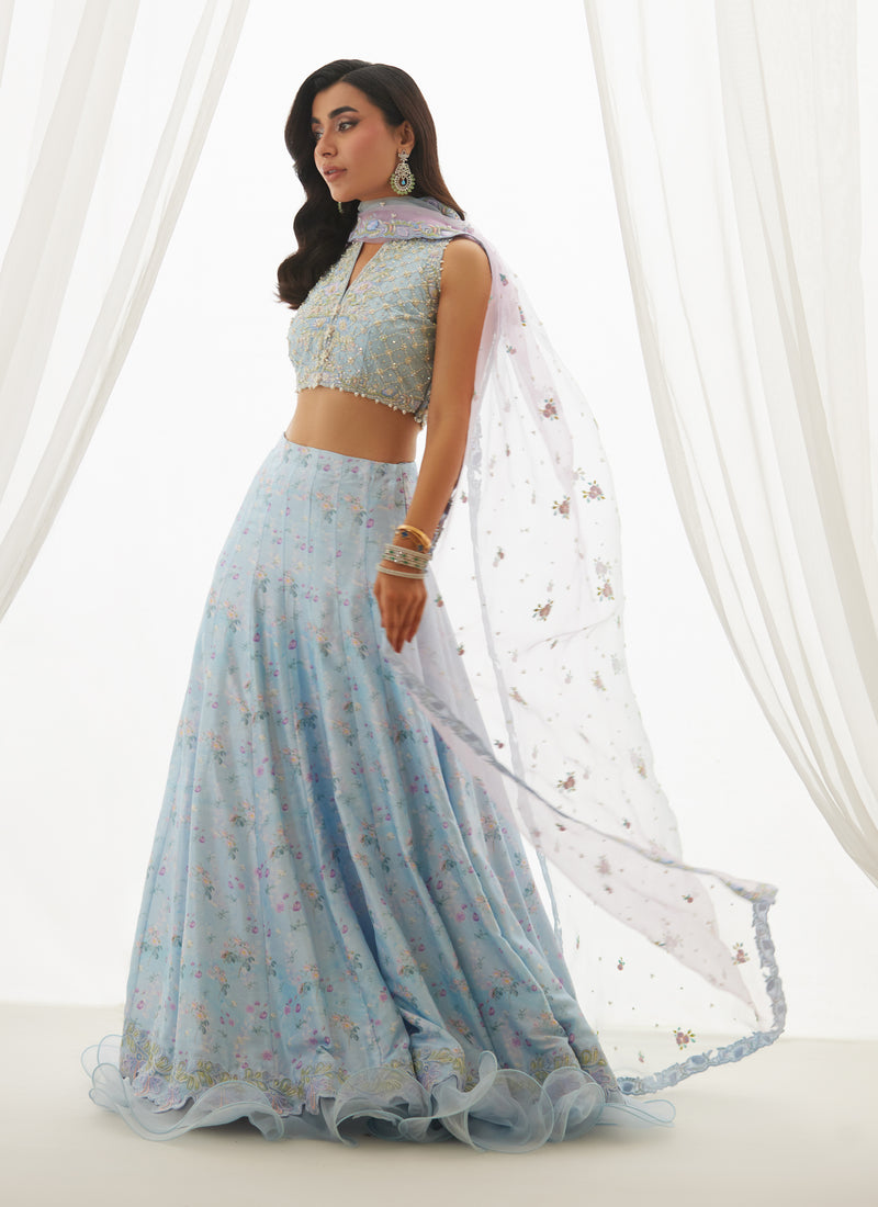 Zyla Sky Blue Choli, Lehenga And Dupatta