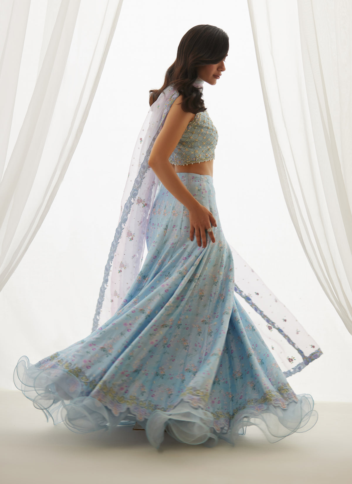 Zyla Sky Blue Choli, Lehenga And Dupatta