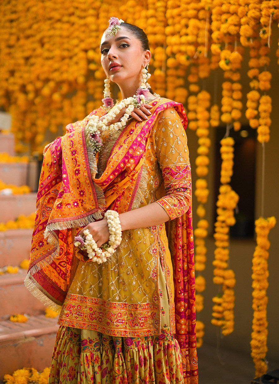 Losalie saffaron embellished shirt block print gharara and dupatta