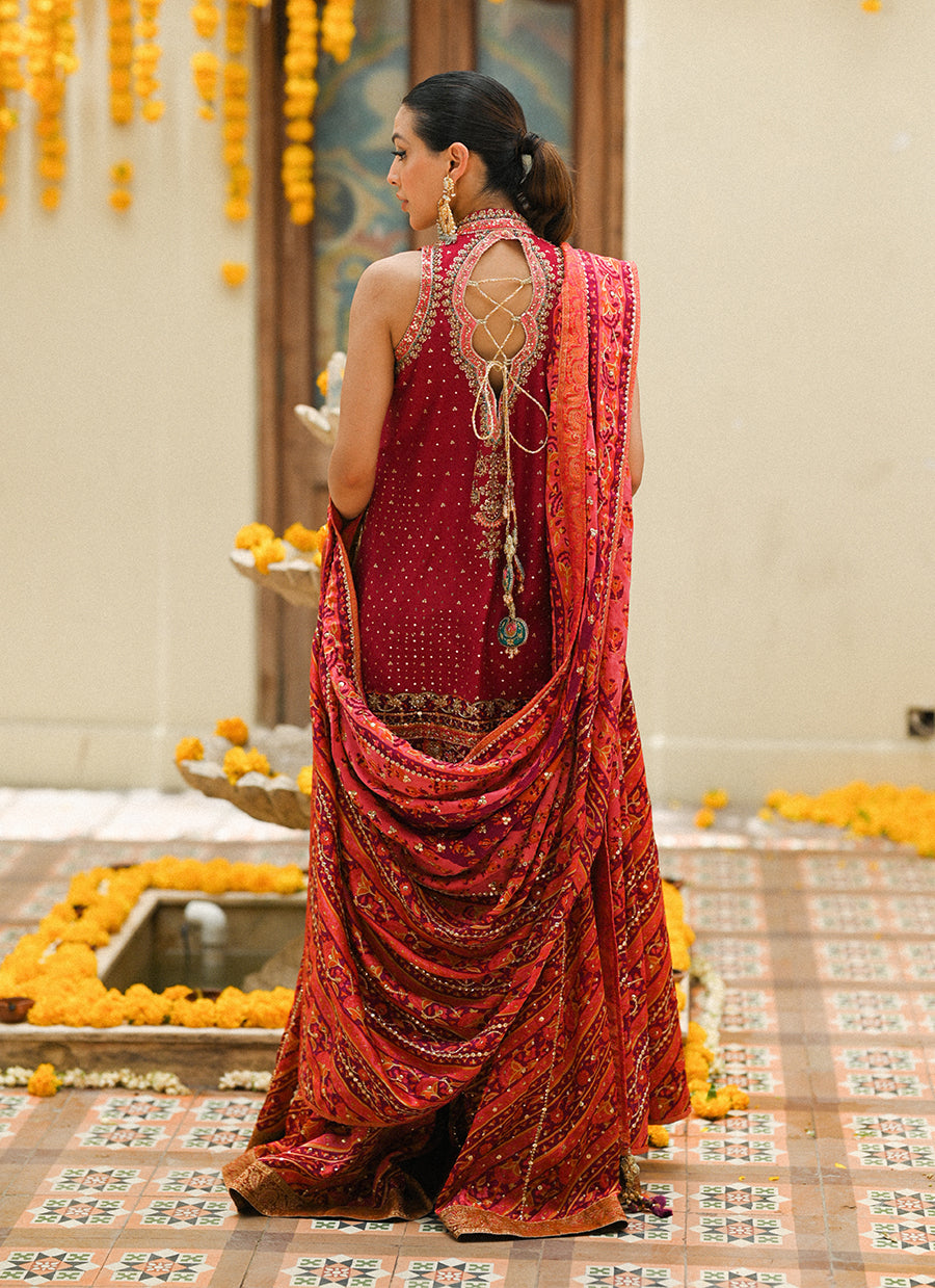 Primrose crimson angharkha, embellished do-paincha dhakha and block print dupatta