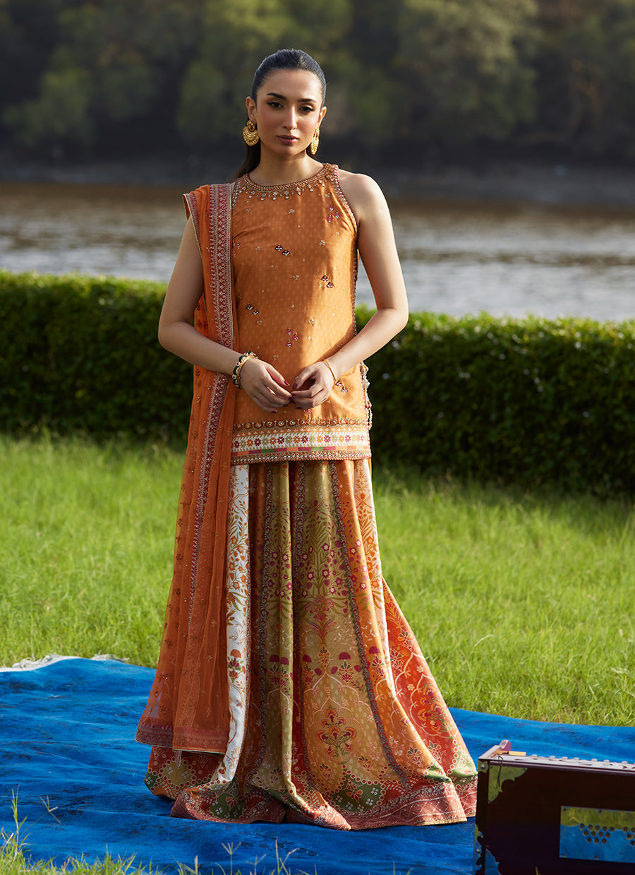 Sitar Saffron Shirt, Dupatta and Lehenga
