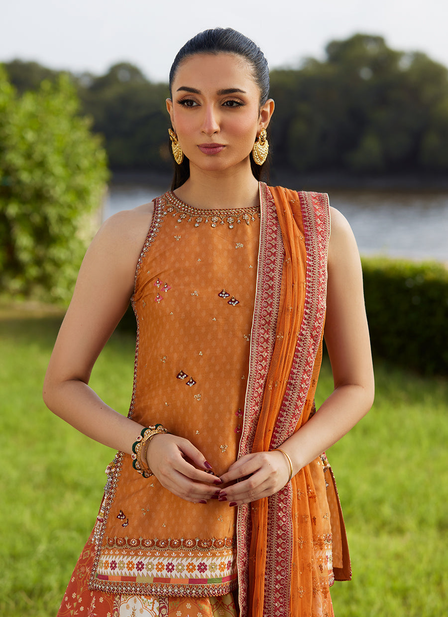 Sitar Saffron Shirt, Dupatta and Lehenga