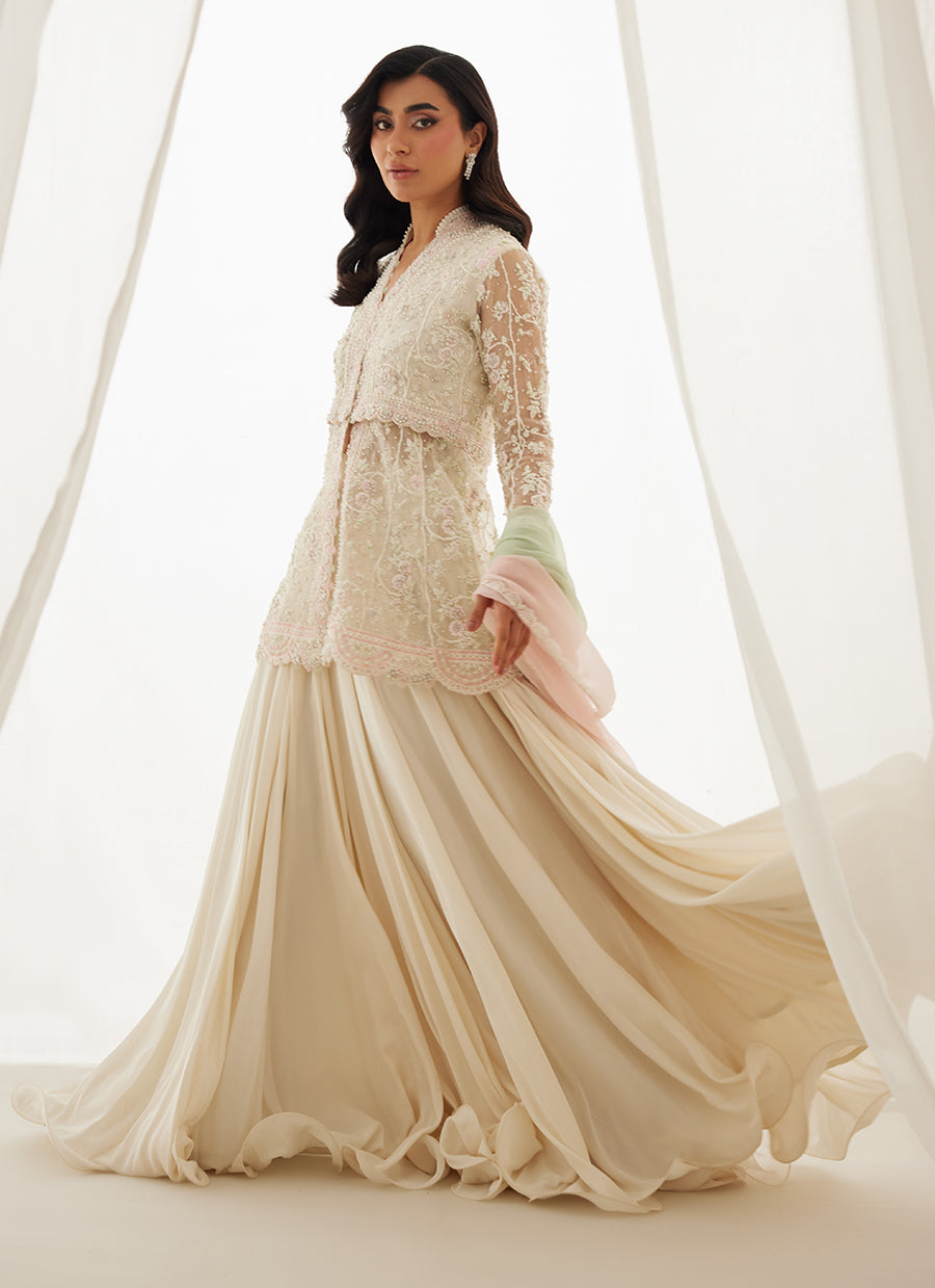 Zariah Ivory Peplum, Lehenga And Dupatta