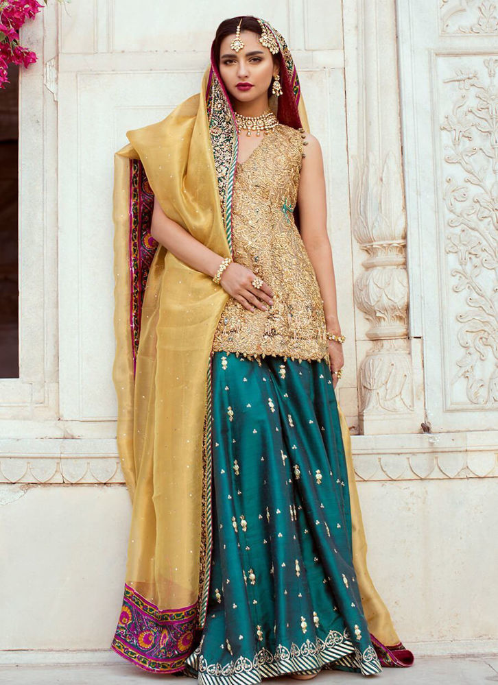 Gold Angrakha with Modern Styling | Farah Talib Aziz