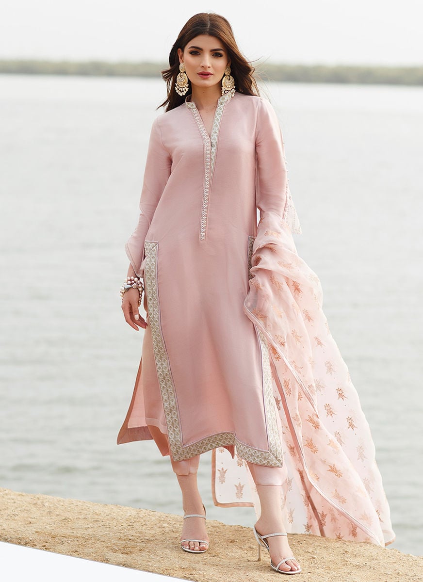 Tissue Pink Column Shirt With Dupatta