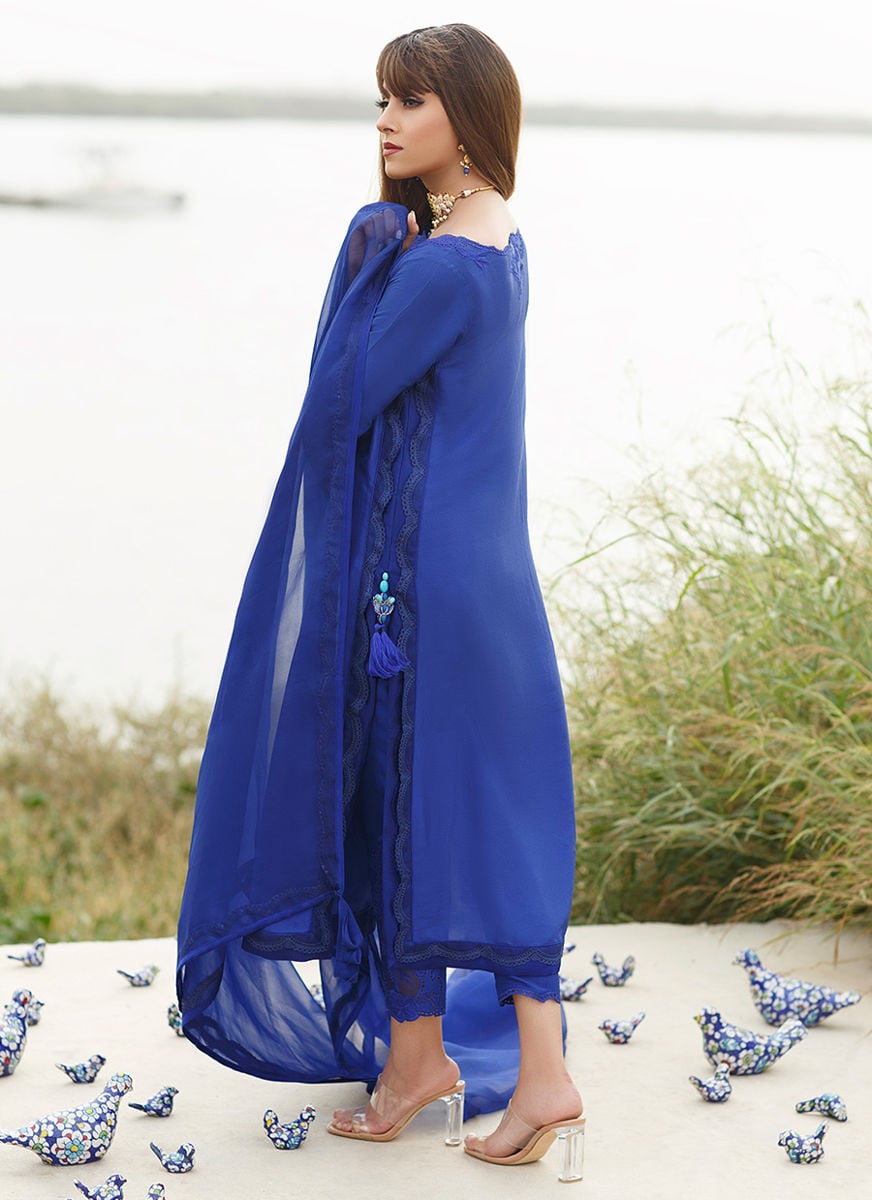 Egyption Blue Column Shirt With Pure Organza Embroidered Dupatta