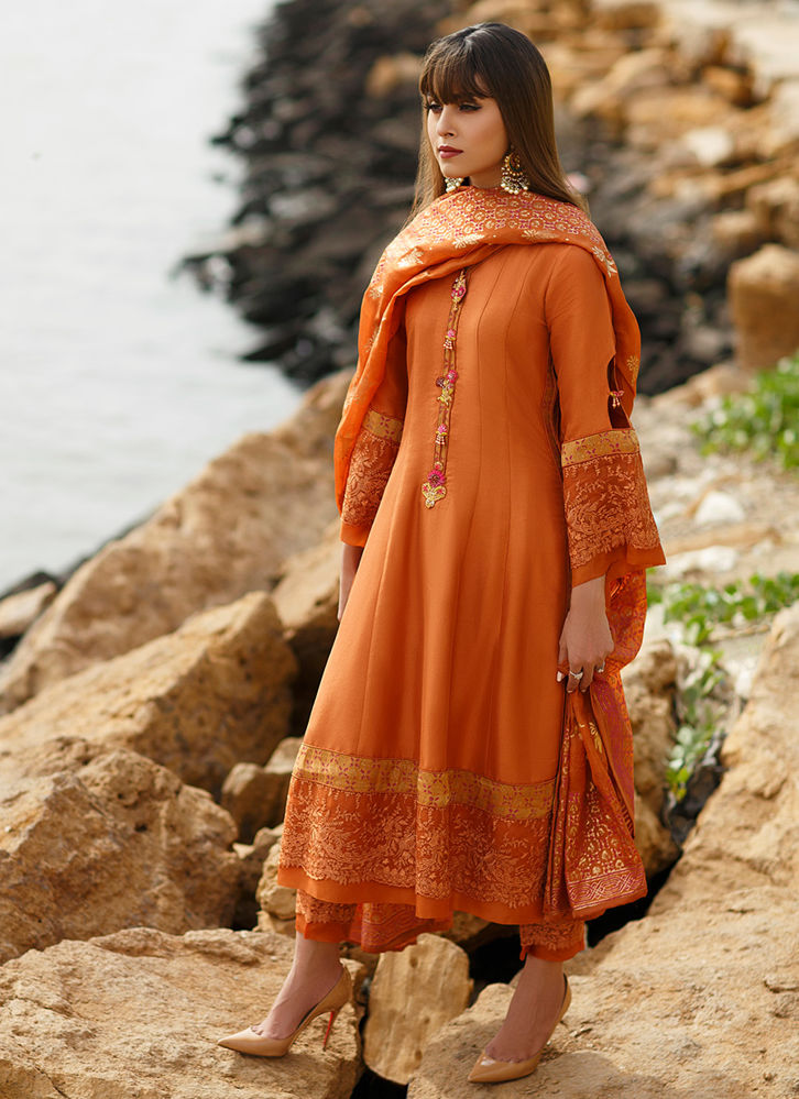 Farah Talib Aziz. Madras Orange Panelled shirt with dupatta