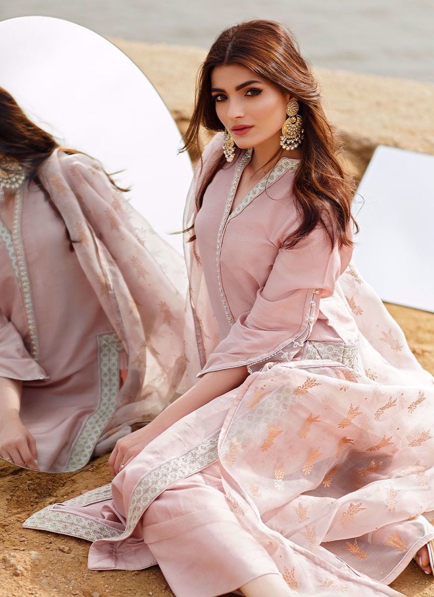 Tissue Pink Column Shirt With Dupatta