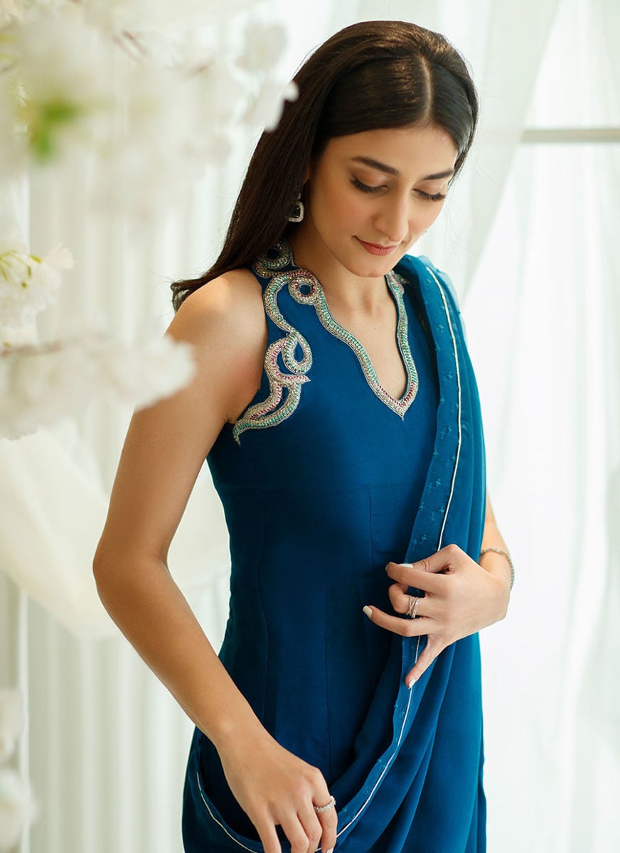 Aztec Blue Saree with Pants