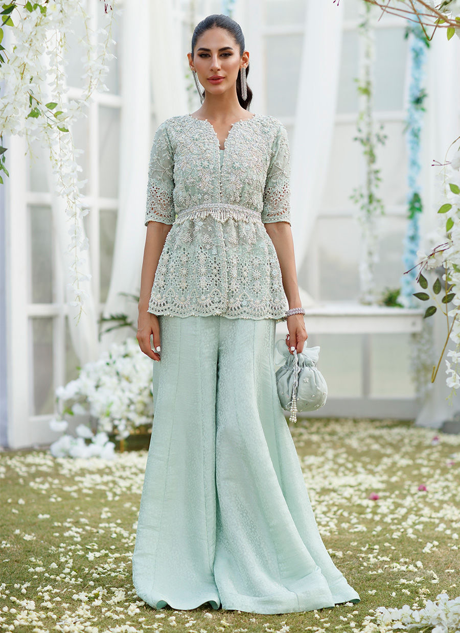 Ash Grey Sequin Patterned Palazzo Pant Set with Zari Embroidered Long Top -  Seasons India