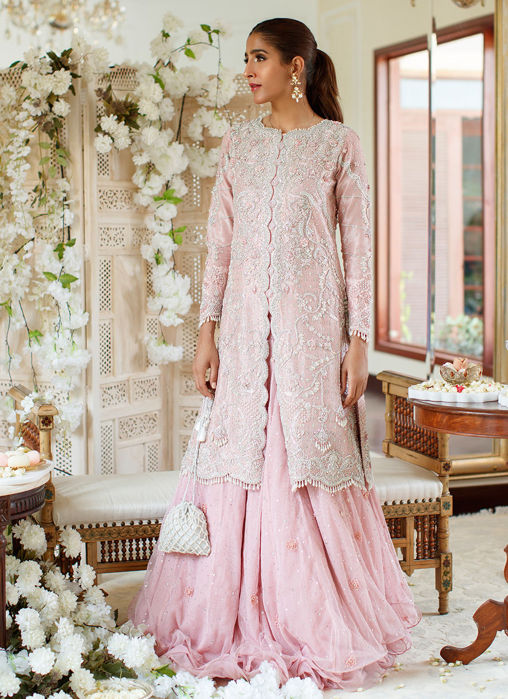 Simone Salmon Pink Heavily Embellished Jacket With Triple Layered Lehnga