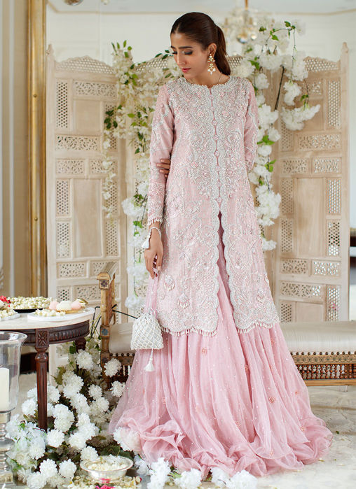Simone Salmon Pink Heavily Embellished Jacket With Triple Layered Lehnga