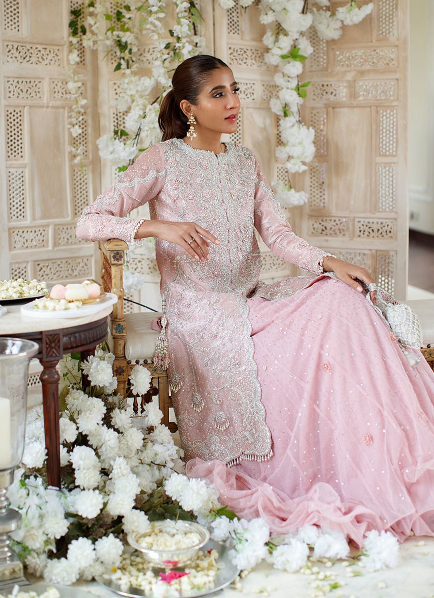Simone Salmon Pink Heavily Embellished Jacket With Triple Layered Lehnga