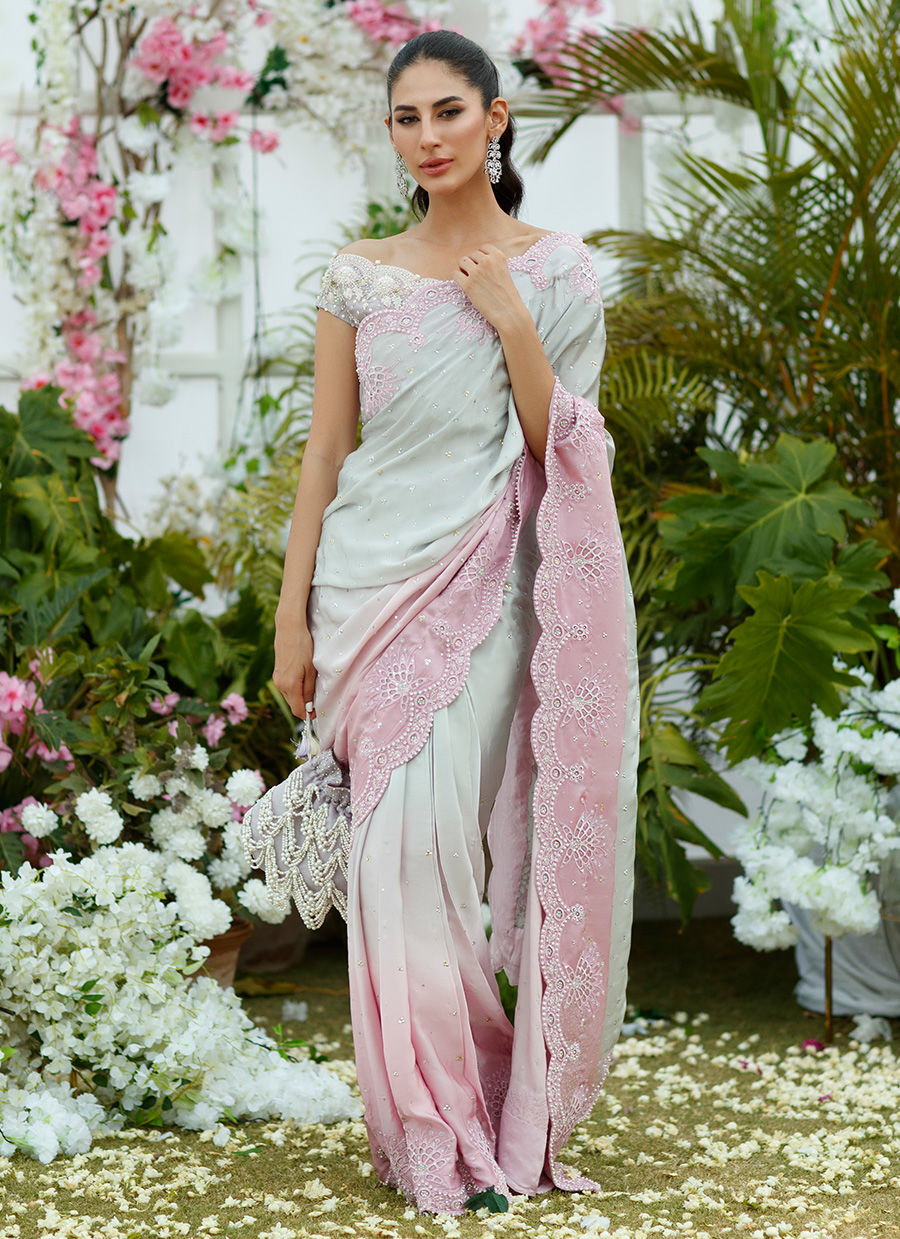 Farah Talib Aziz. Camelia silver to blush Ombre Saree