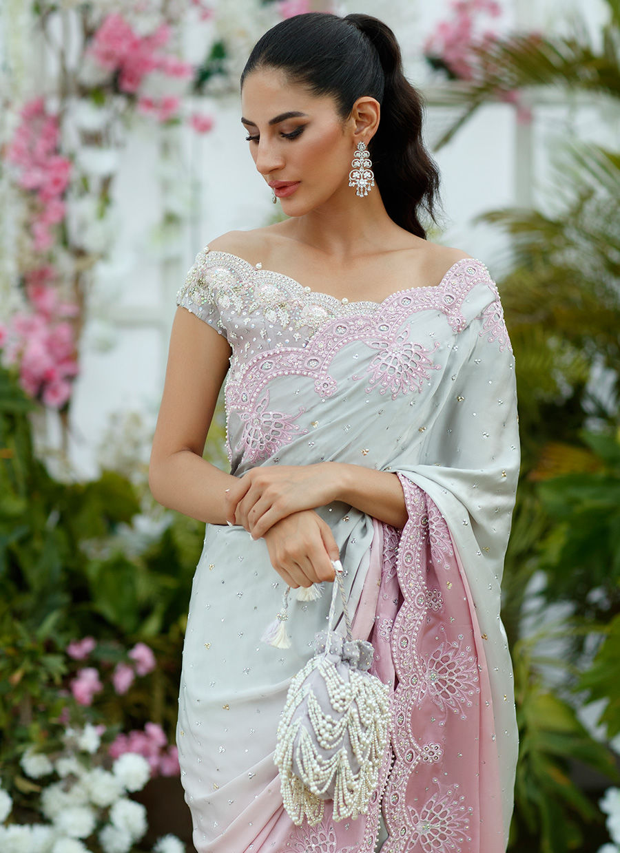 Farah Talib Aziz. Camelia silver to blush Ombre Saree