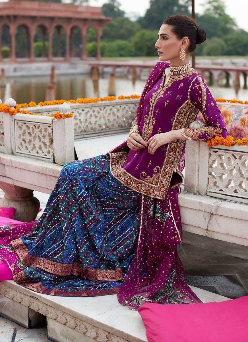 Alizeh Mehndi Aubergine Short Shirt And Dhaakha