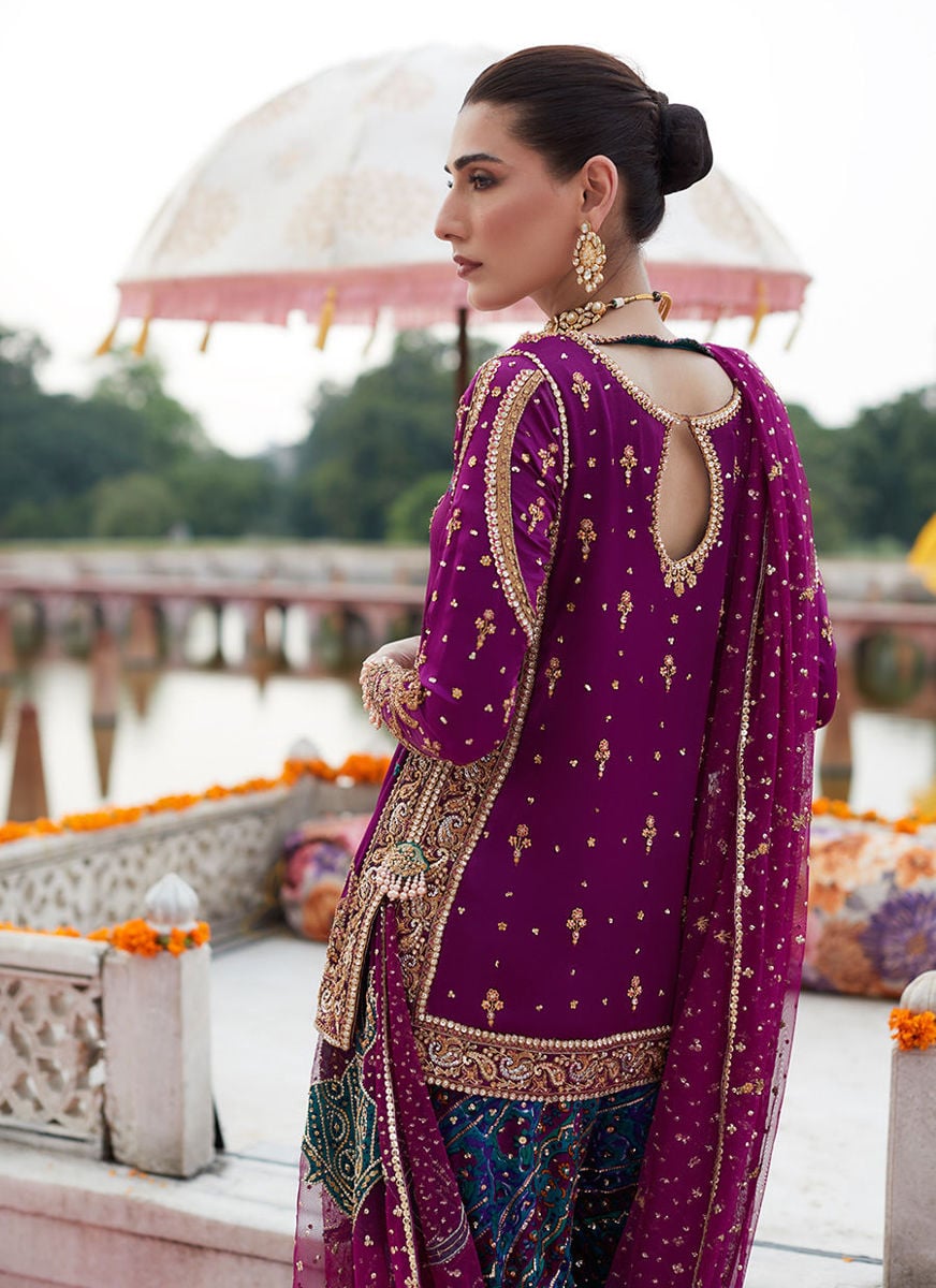 Alizeh Mehndi Aubergine Short Shirt And Dhaakha