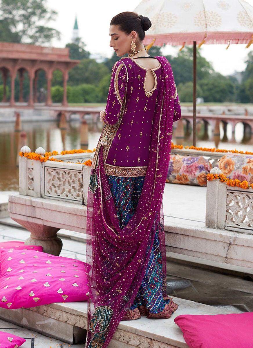 Alizeh Mehndi Aubergine Short Shirt And Dhaakha