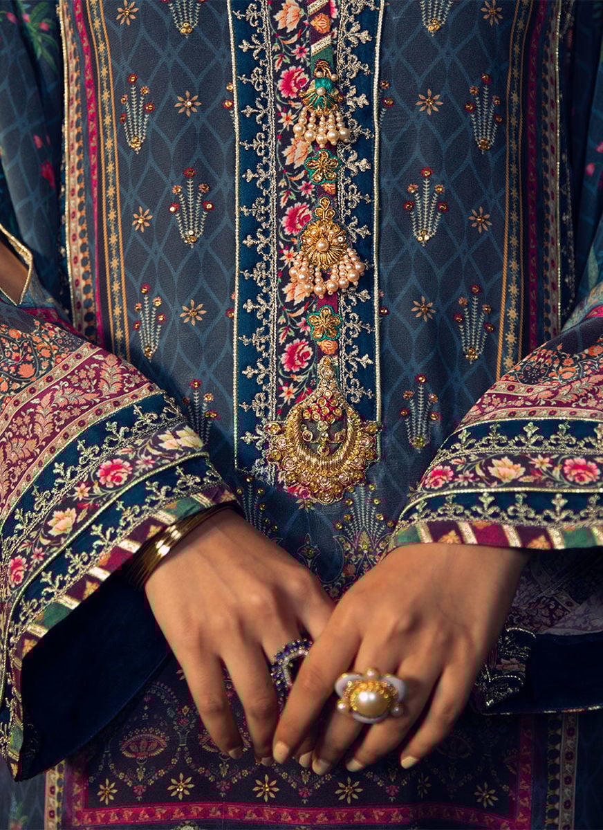 Iraan Navy Printed Crepe Silk Kurta With  Silk Ombre Dupatta