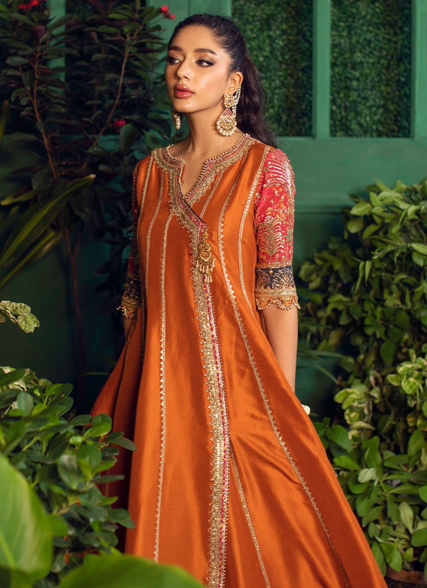 Shohreh Rust Kalidaar With Organza Baali Embroidered  Sequence Dupatta