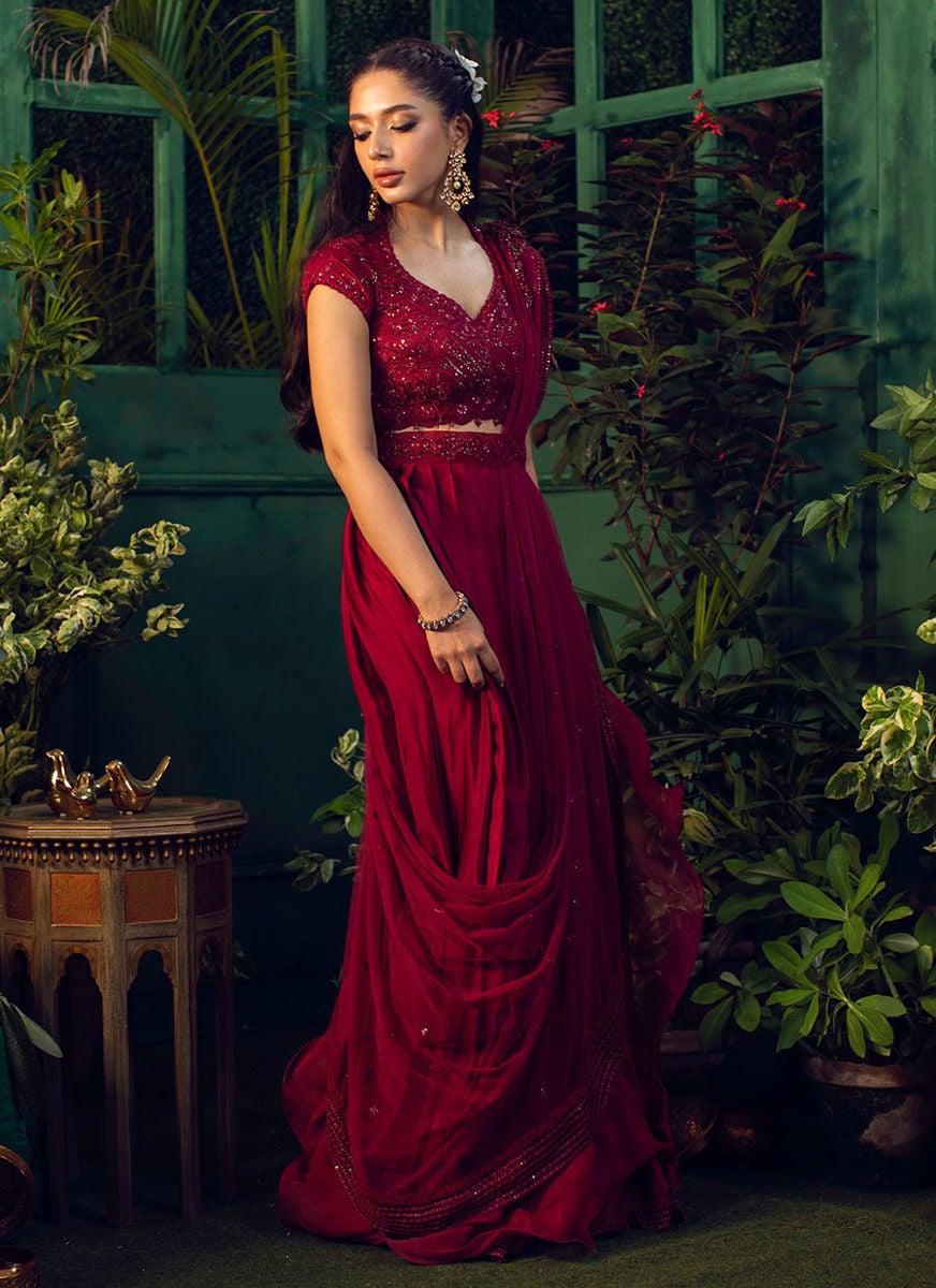 Roya Scarlett Draped Lengha Choli