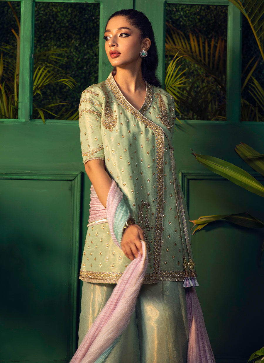 Farah Talib Aziz. Dana Aqua wrap with dupatta