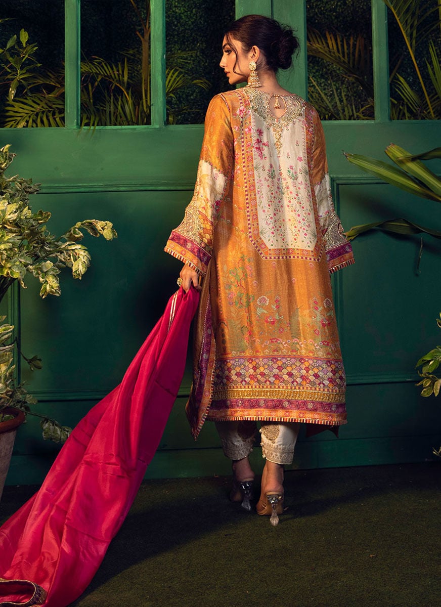 Roshan Printed Raw Silk Kurta With Silk Ombre Dupatta