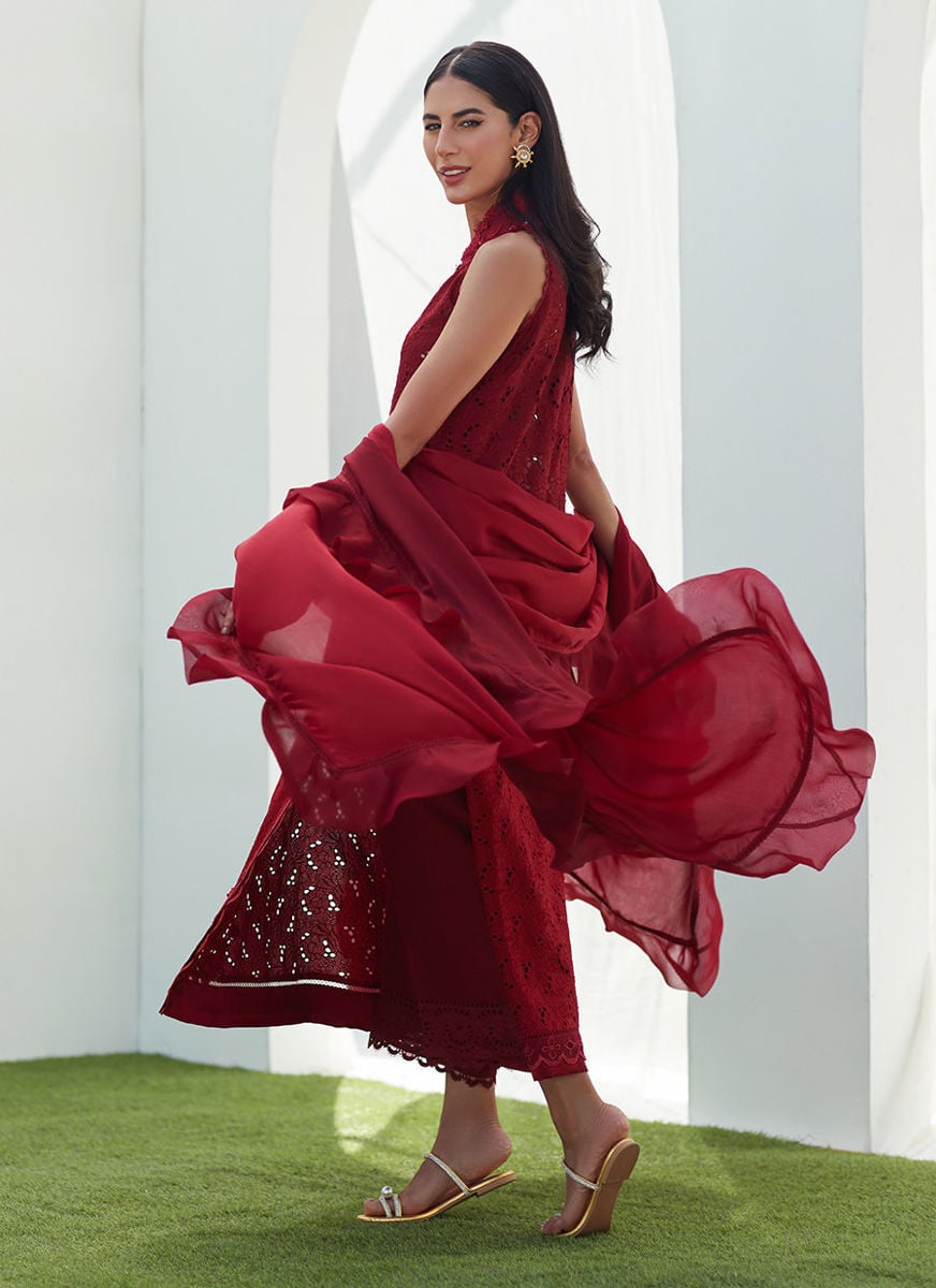 Selah Scarlett Ombre Silk Cutwork Shirt And Dupatta