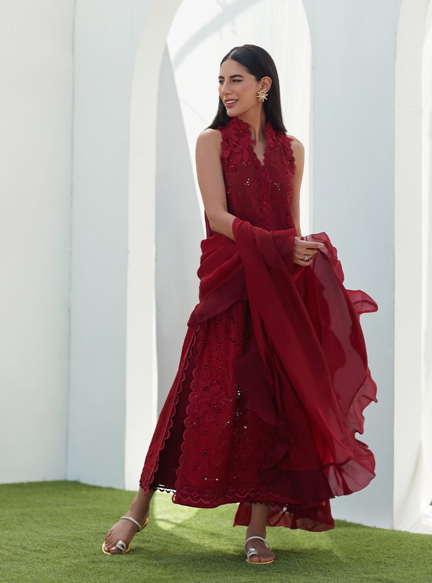 Selah Scarlett Ombre Silk Cutwork Shirt And Dupatta