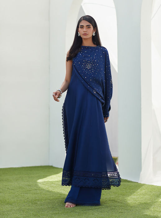 Zennie Midnight Silk Paneled Shirt With Cape