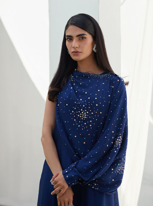 Zennie Midnight Silk Paneled Shirt With Cape