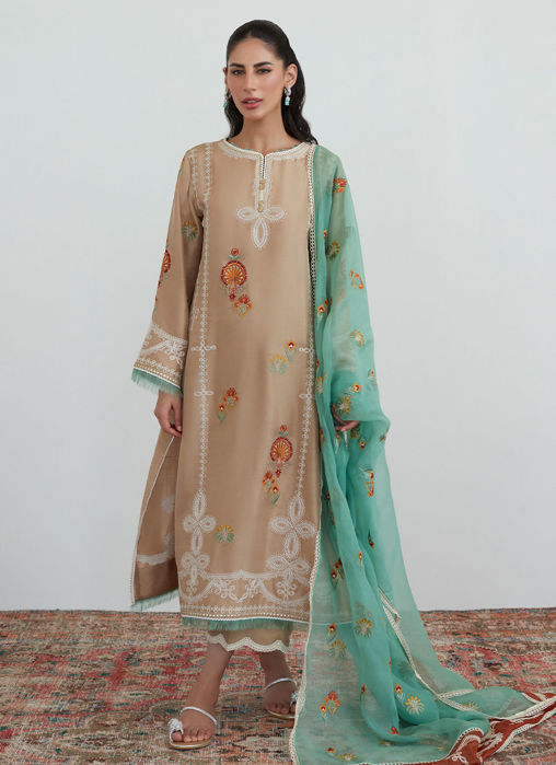 Picture of Latte Embroidered Shirt With Organza Dupatta