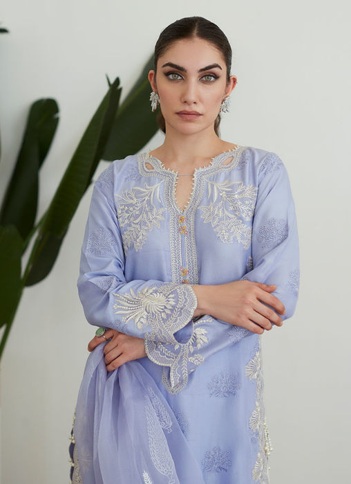 Olenna Periwinkle Embroidered Shirt With Organza Dupatta