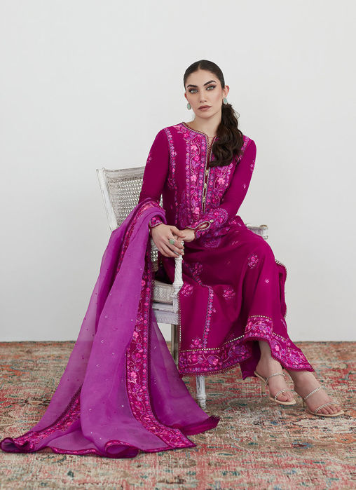 Catelyn Fuchsia Embroidered Shirt With Organza Dupatta