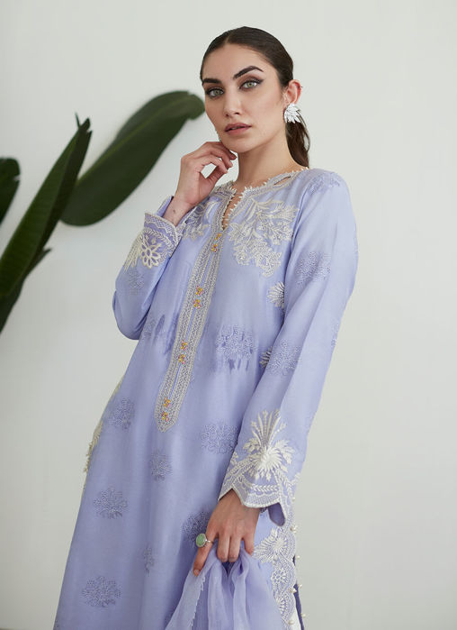 Olenna Periwinkle Embroidered Shirt With Organza Dupatta