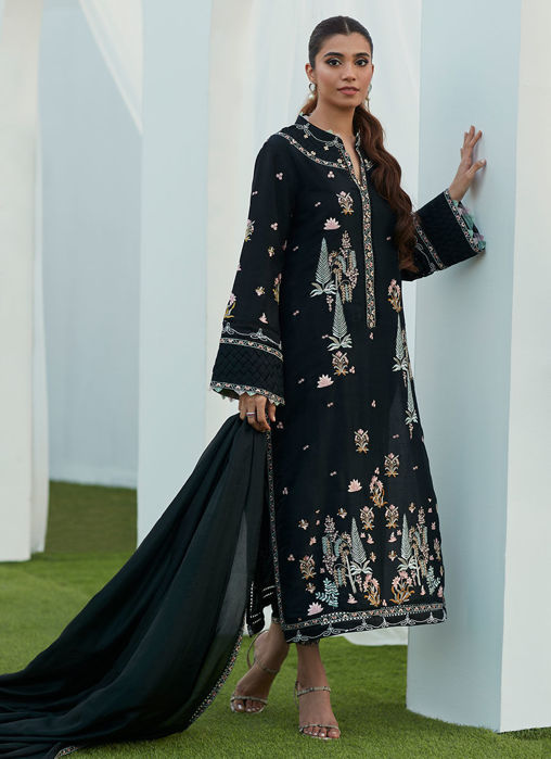 Petra Black Embroidered Shirt And Dupatta