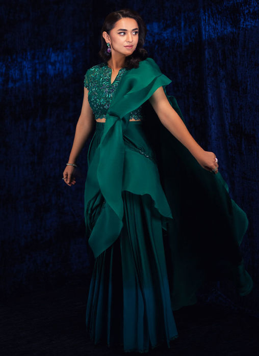 Yumna Emerald Pre-Draped Lehnga Saree