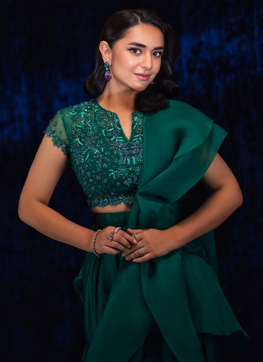 Yumna Emerald Pre-Draped Lehnga Saree