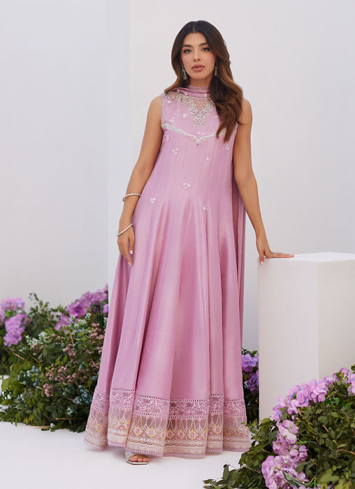 Cece Mauve Embellished Raw Silk Kalidaar With Charmuese Dupatta