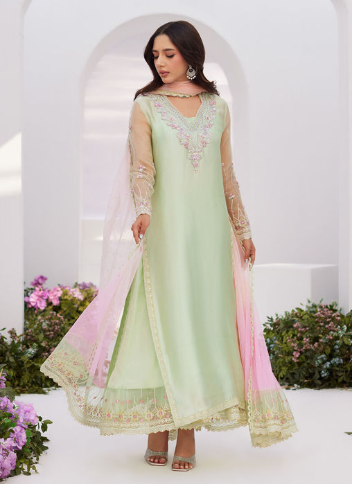 Collette Mint Ombre Embellished Column Kalidaar With Embroidered Slip And Dupatta