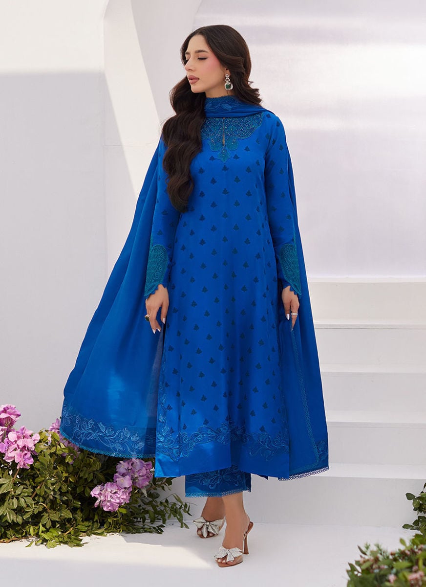 Charr Blue Embroidered Raw Silk Shirt And Dupatta