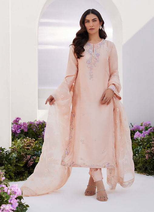 Picture of Elea Peach Embroidered Raw Silk Shirt And Dupatta