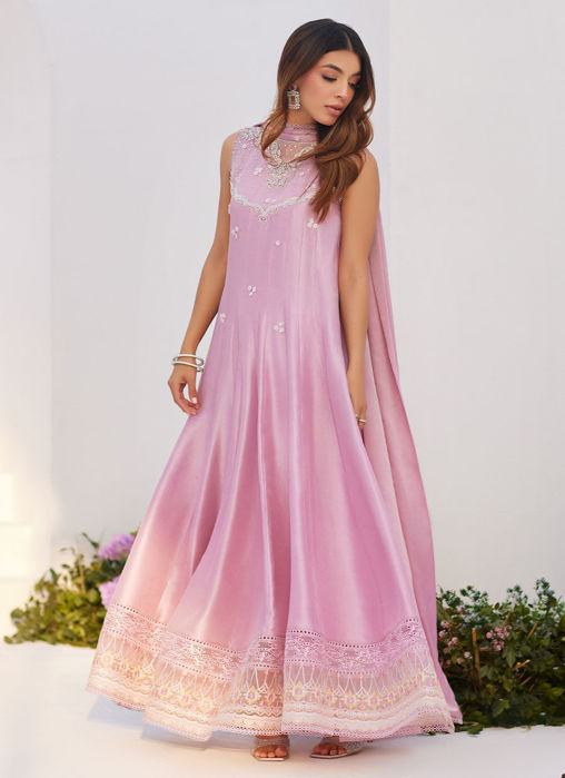 Cece Mauve Embellished Raw Silk Kalidaar With Charmuese Dupatta