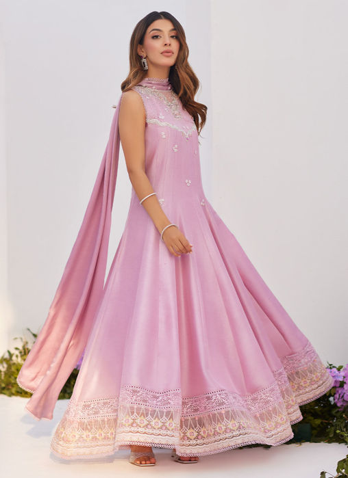 Cece Mauve Embellished Raw Silk Kalidaar With Charmuese Dupatta