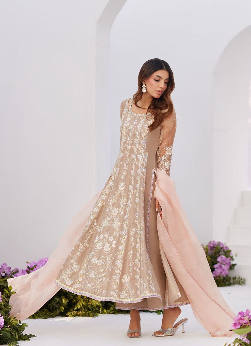 Charlene Sand Embroidered Kalidaar With Dupatta